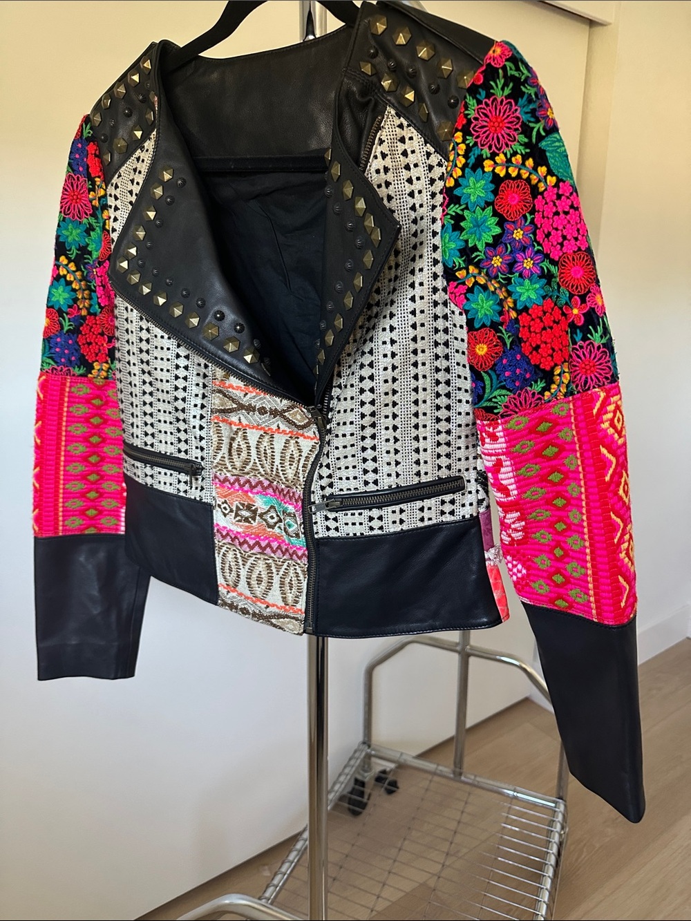 Womens Multicolor Embroidered Leather-Trim Moto Jacket